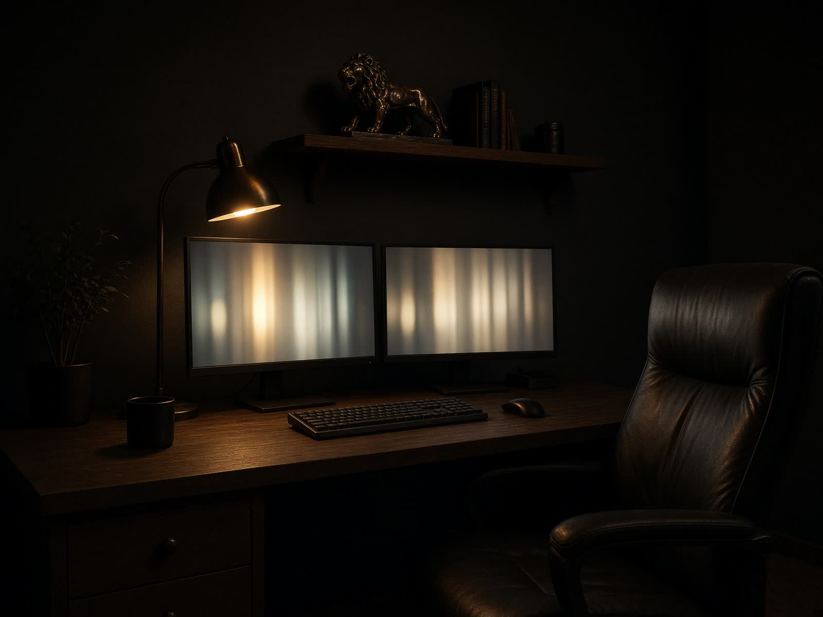 Late-night desk with a small iron lion figurine